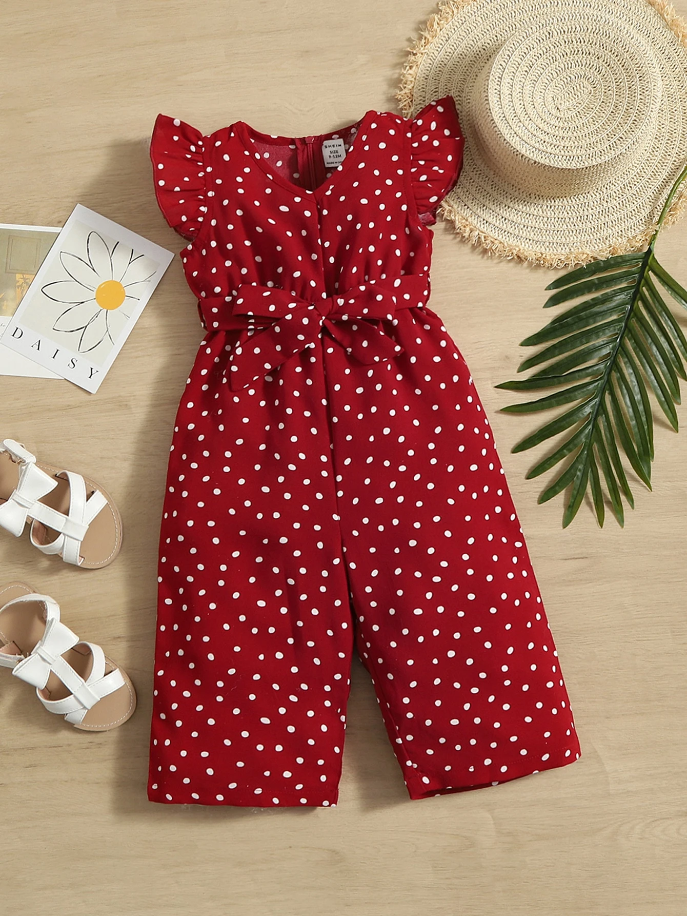 shein هدية فتاة رضيعة سالوبيت منقوش بنقاط بتصميم مزين بأكمام واسعة وحزام قابل للتعديل 10