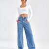 shein ezwear بنطلون جينز بويفريند جيب مائل خصر عالي 10