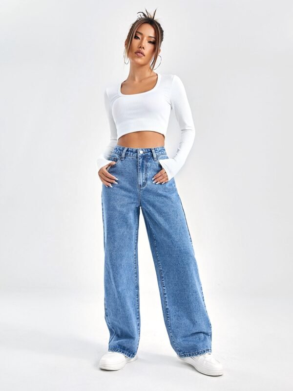 shein ezwear بنطلون جينز بويفريند جيب مائل خصر عالي 10