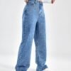 shein ezwear بنطلون جينز بويفريند جيب مائل خصر عالي 11