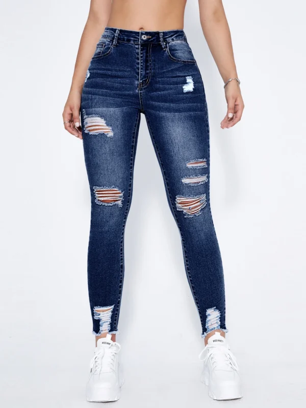 shein essnce بنطلون جينز نحيل خصر عالي ممزق تأثير الشارب 8