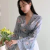 dazy ملابس علوية مطبوعة بالزهور مطوية، بلوزات بوهيمية بأكمام طويلة للنساء، ملابس للعطلات للنساء 4