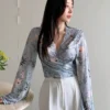 dazy ملابس علوية مطبوعة بالزهور مطوية، بلوزات بوهيمية بأكمام طويلة للنساء، ملابس للعطلات للنساء 5