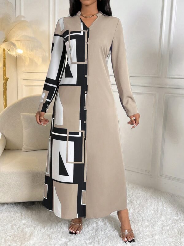 shein lune فستان قميص ماكسي مطبوع بطبعة هندسية للنساء 5