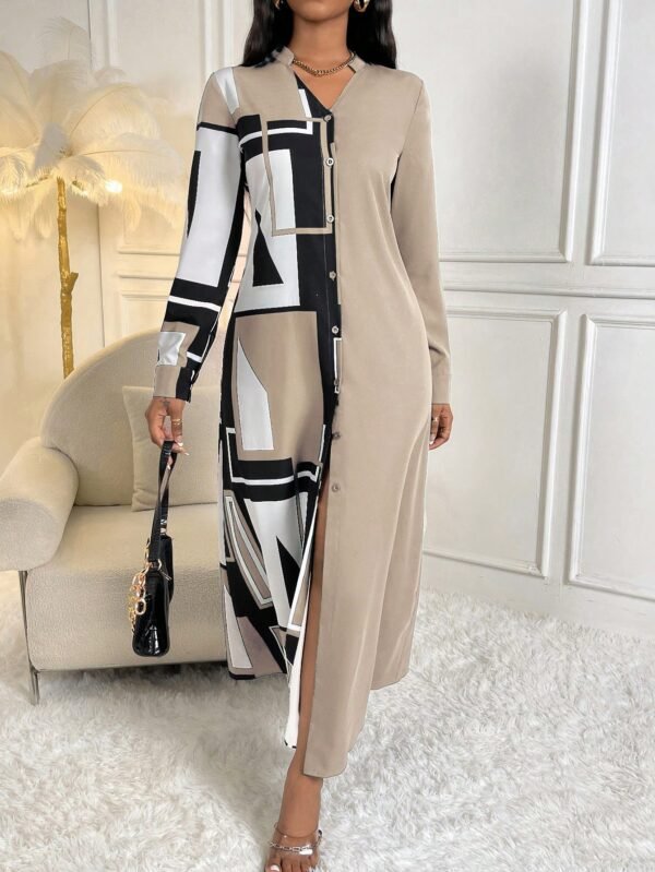 shein lune فستان قميص ماكسي مطبوع بطبعة هندسية للنساء 6