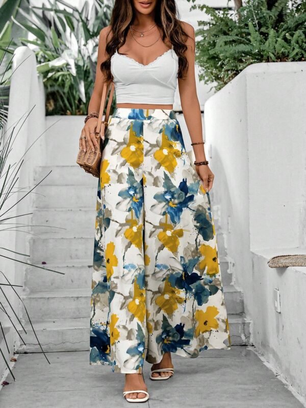 shein holidaya سراويل نسائية بقصة ذات ساق واسعة مطبوعة بزهور، ملابس رمضان 4