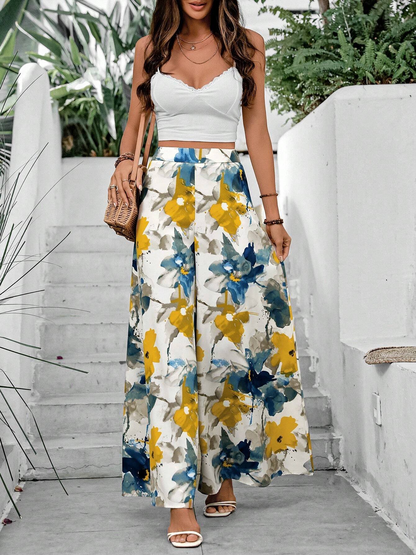 shein holidaya سراويل نسائية بقصة ذات ساق واسعة مطبوعة بزهور، ملابس رمضان 4