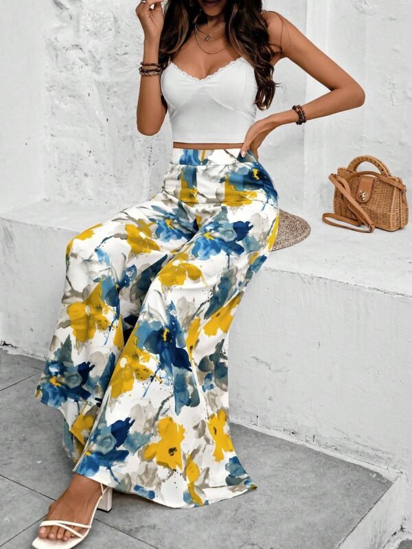 shein holidaya سراويل نسائية بقصة ذات ساق واسعة مطبوعة بزهور، ملابس رمضان 5
