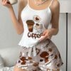 shein مجموعة بيجاما نسائية مطبوعة برسوم متحركة مع زخرفة الربطة 5