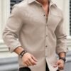 manfinity casualcool قميص كاجوال بأكمام طويلة من الكتان ذو لون أحادي للرجال، للخروج، قميص رسمي أخضر داكن، قميص رجالي أخضر، قميص أخضر للرجال، خريف