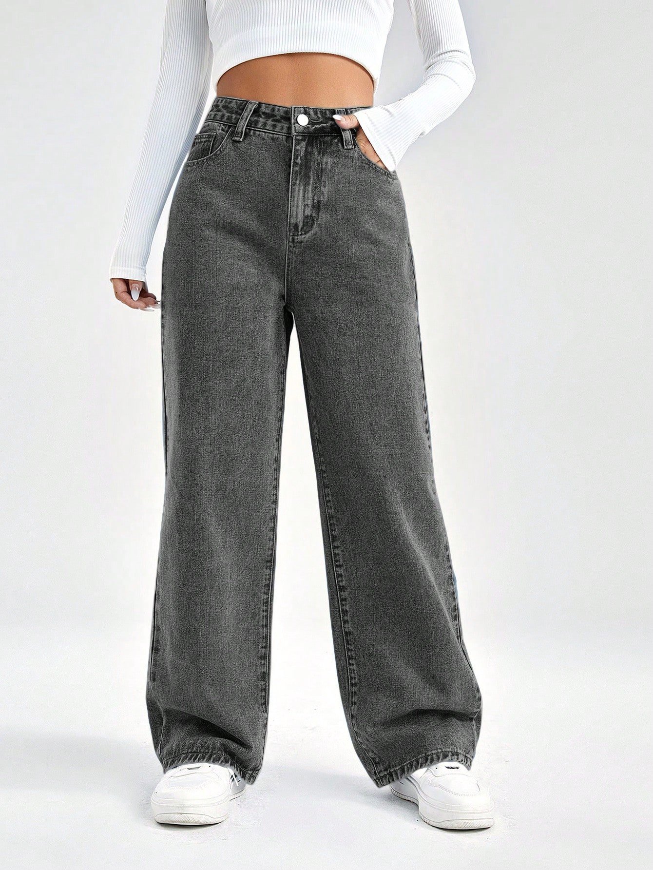 shein ezwear بنطلون جينز بويفريند جيب مائل خصر عالي 2