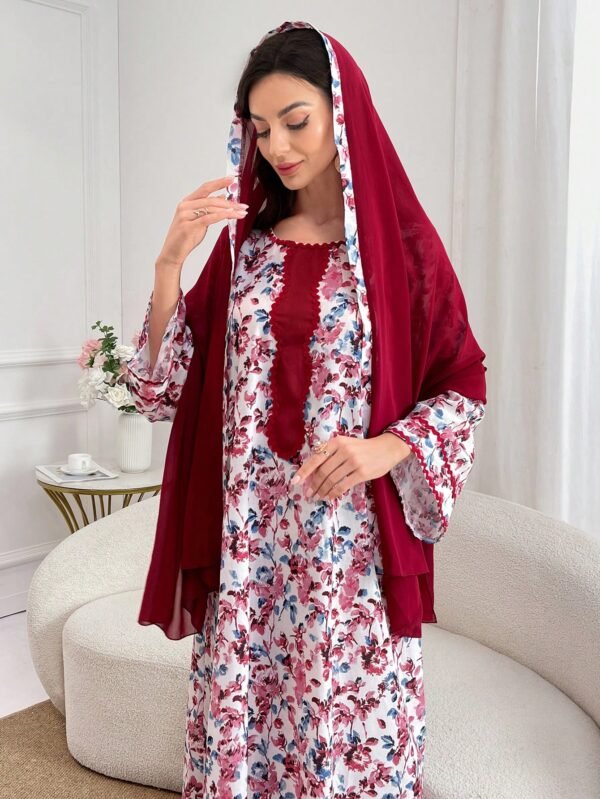 shein najma فستان ربيعي أنيق بأكمام طويلة وياقة دائرية، بطبعات رقمية أنيقة من الزهور والنباتات والأشكال الهندسية، بطراز عربي 16