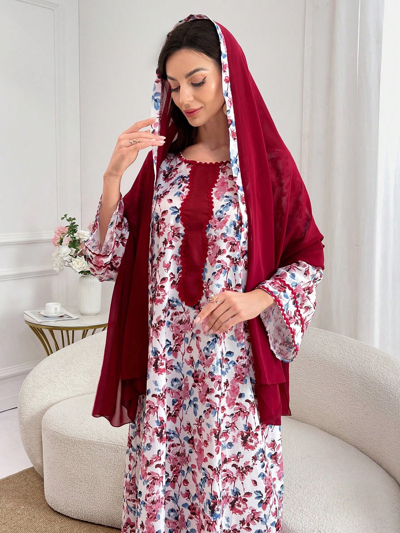 shein najma فستان ربيعي أنيق بأكمام طويلة وياقة دائرية، بطبعات رقمية أنيقة من الزهور والنباتات والأشكال الهندسية، بطراز عربي 16