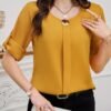 shein clasi بلوزة نسائية بياقة دائرية وأكمام قصيرة وأزرار أمامية سادة، بسيطة وكاجوال للارتداء اليومي 9