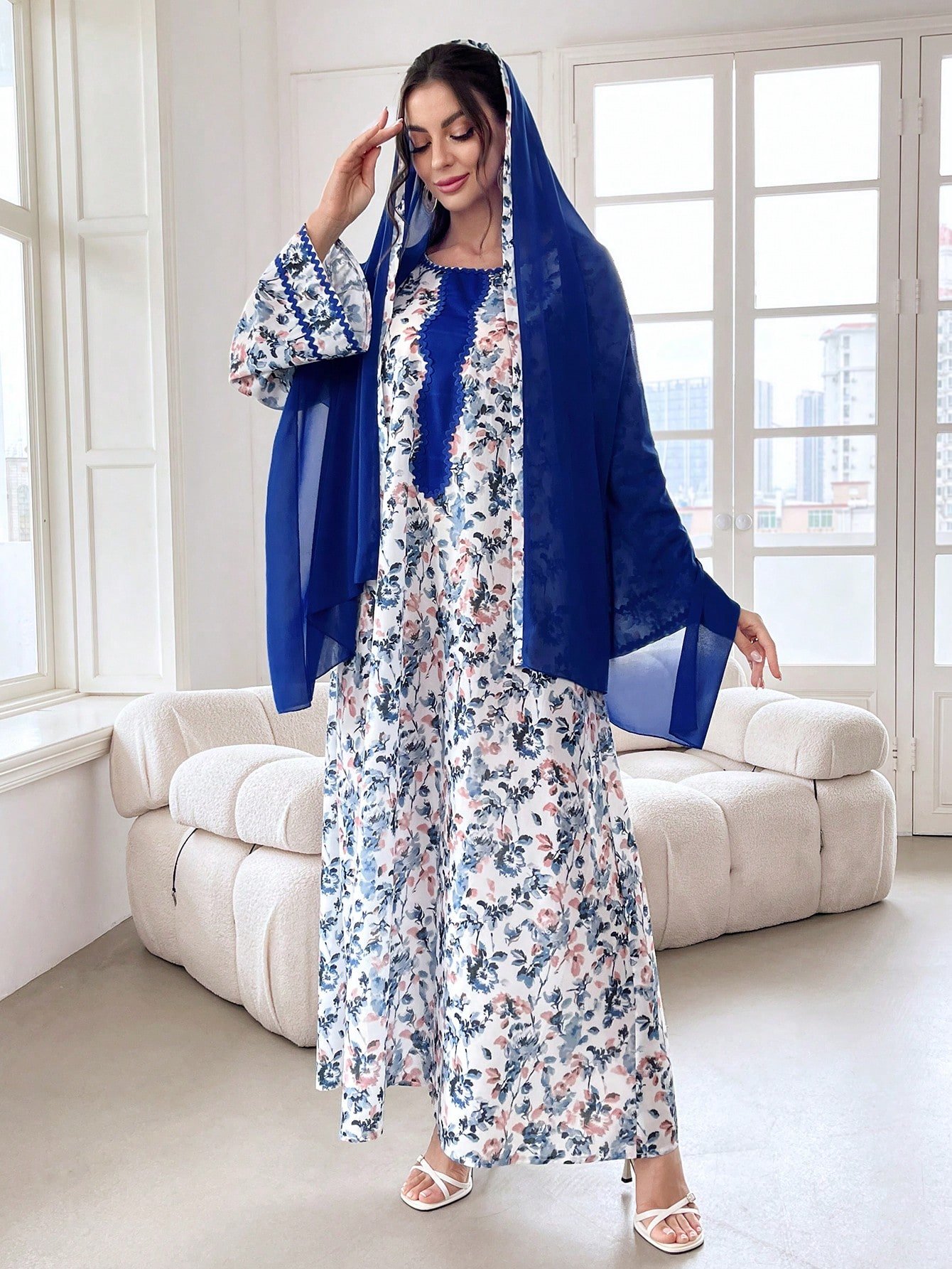 shein najma فستان ربيعي أنيق بأكمام طويلة وياقة دائرية، بطبعات رقمية أنيقة من الزهور والنباتات والأشكال الهندسية، بطراز عربي 2