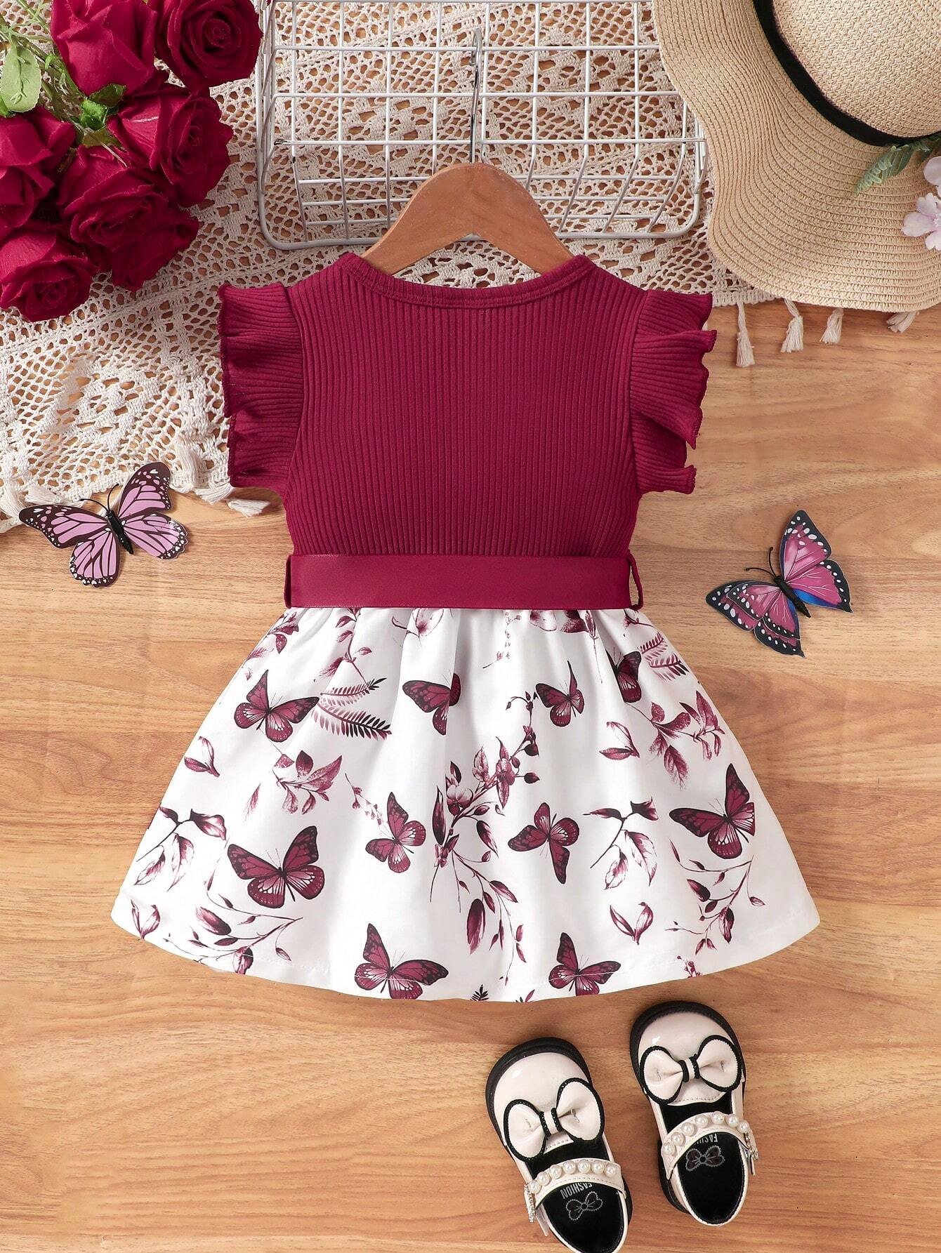 shein فستان كاجوال لكل المناسبات للبنات الرضع مطبوع بفراشة جميلة مع حزام، مناسب للخروج 5