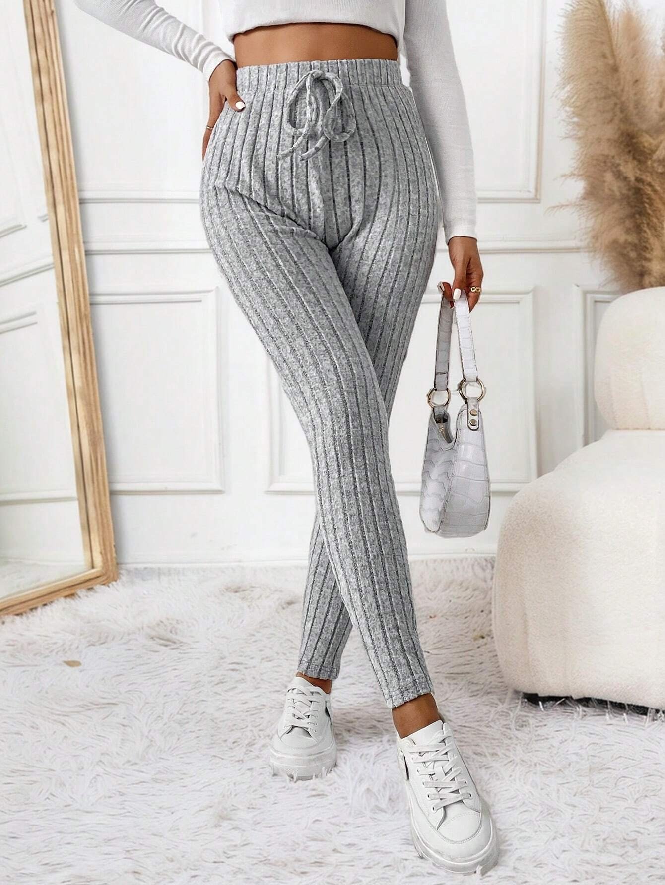 shein frenchy سروال ضيق مضلع مرن بخصر مربوط 13