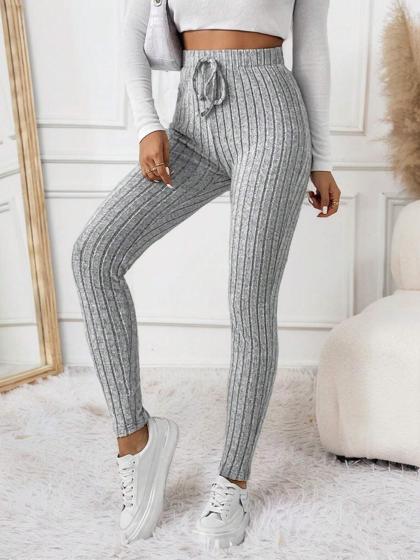shein frenchy سروال ضيق مضلع مرن بخصر مربوط 14