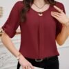shein clasi بلوزة نسائية بياقة دائرية وأكمام قصيرة وأزرار أمامية سادة، بسيطة وكاجوال للارتداء اليومي 2