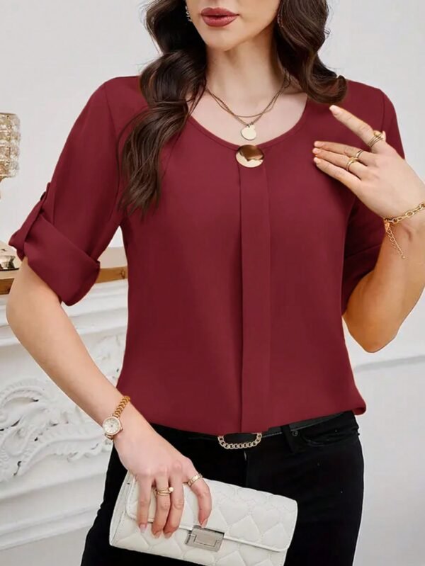 shein clasi بلوزة نسائية بياقة دائرية وأكمام قصيرة وأزرار أمامية سادة، بسيطة وكاجوال للارتداء اليومي 2