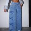 shein petite بنطلون جينز فضفاض كاجوال للنساء مع تفاصيل فيونكة 4