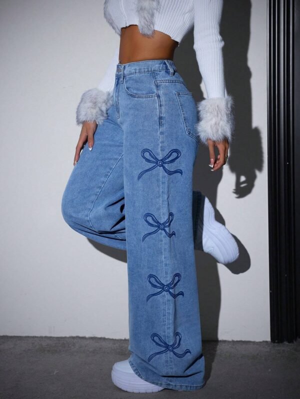 shein petite بنطلون جينز فضفاض كاجوال للنساء مع تفاصيل فيونكة 8