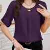shein clasi بلوزة نسائية بياقة دائرية وأكمام قصيرة وأزرار أمامية سادة، بسيطة وكاجوال للارتداء اليومي 7
