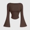 shein mod تي شيرت كاجوال للنساء بياقة قارب وأكمام منتفخة وتجاعيد عند الخصر بلون واحد shein mod تي شيرت كاجوال للنساء بياقة قارب وأكمام منتفخة وتجاعيد عند الخصر بلون واحد