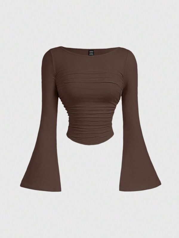 shein mod تي شيرت كاجوال للنساء بياقة قارب وأكمام منتفخة وتجاعيد عند الخصر بلون واحد shein mod تي شيرت كاجوال للنساء بياقة قارب وأكمام منتفخة وتجاعيد عند الخصر بلون واحد