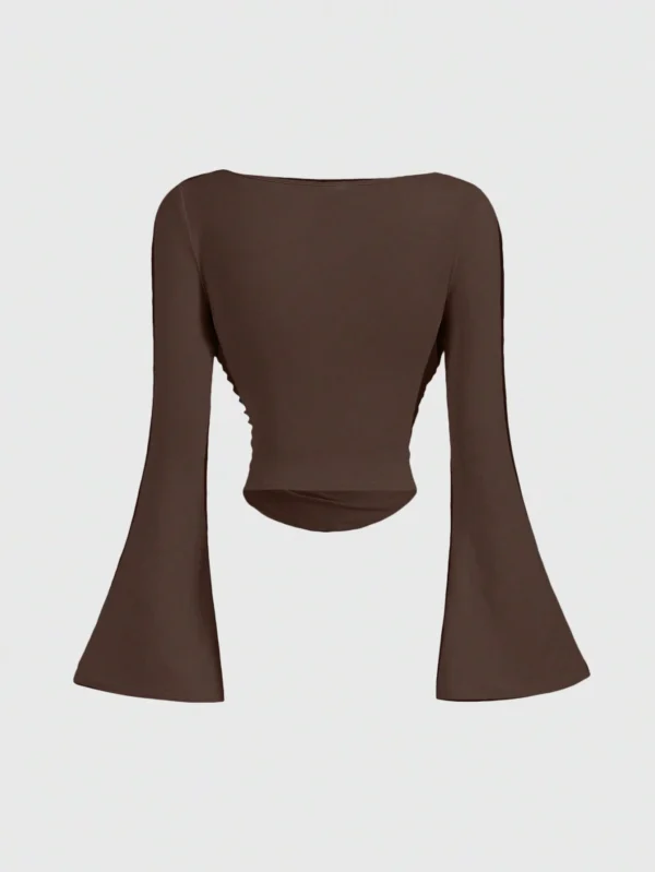 shein mod تي شيرت كاجوال للنساء بياقة قارب وأكمام منتفخة وتجاعيد عند الخصر بلون واحد 2
