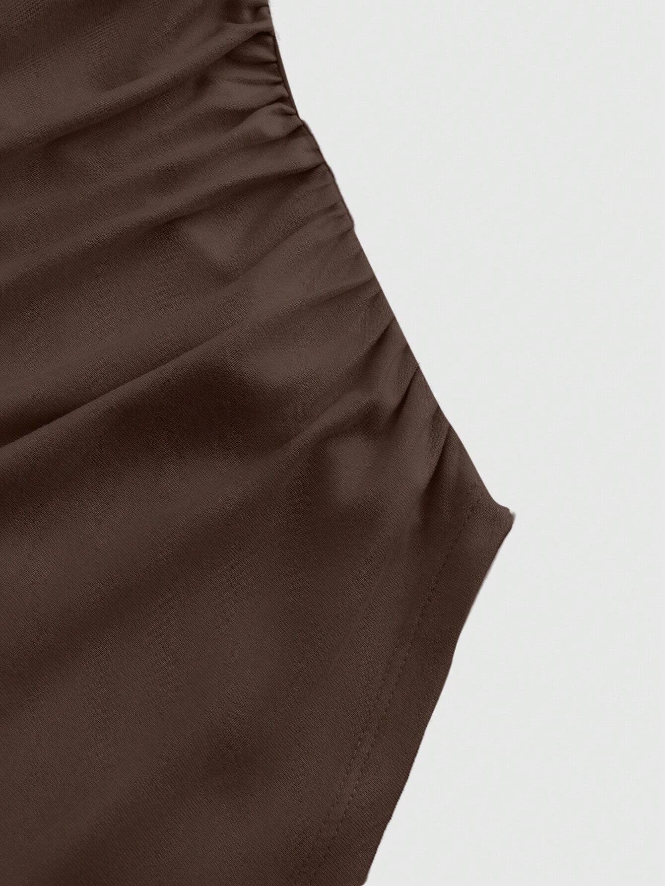 shein mod تي شيرت كاجوال للنساء بياقة قارب وأكمام منتفخة وتجاعيد عند الخصر بلون واحد 3