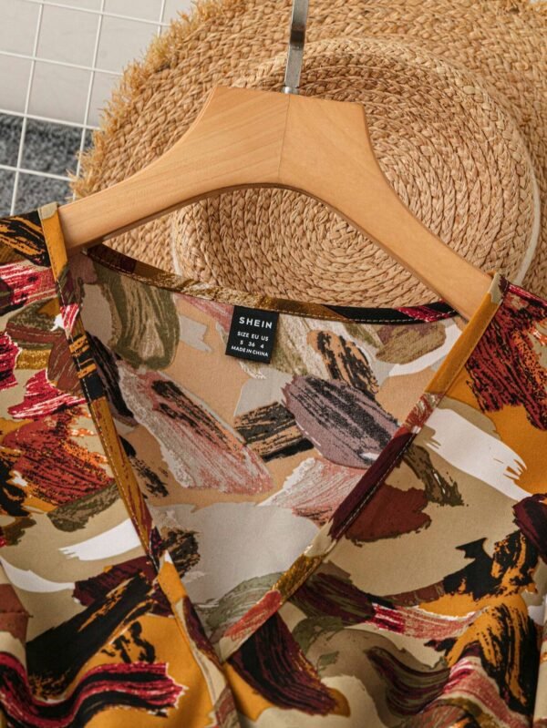 shein franclia فستان نسائي أنيق بطية وتكسير وياقة v ومزين بالرسوم الزهرية مع حزام وأكمام طويلة ماكسي ملابس نسائية 6