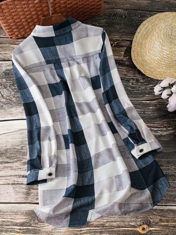 shein lune قميص عارضة بأكمام طويلة وياقة وأزرار منقوش بطبعة المربعات. 2