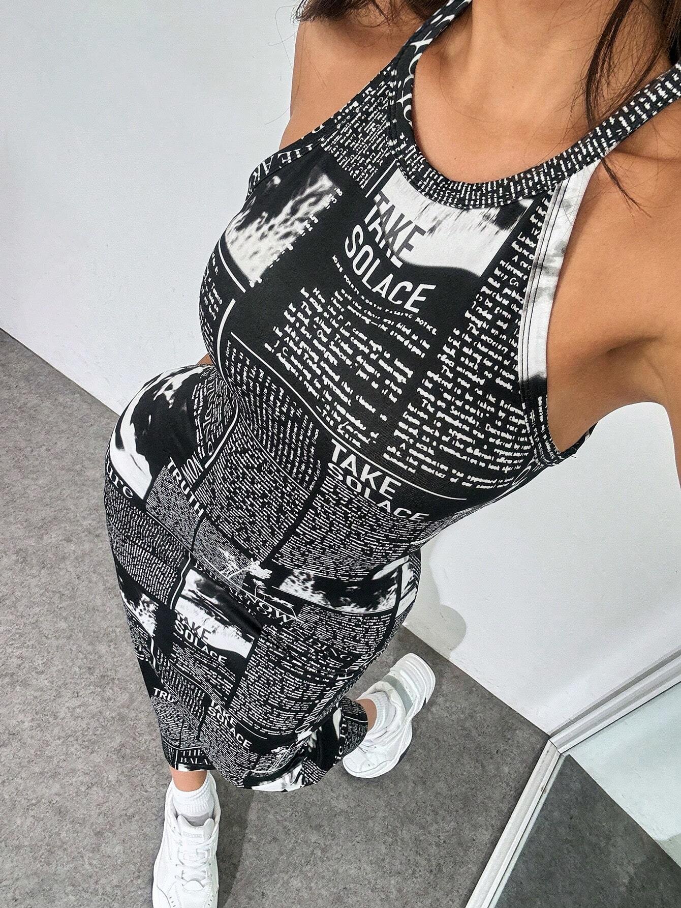 shein ezwear فستان بدون أكمام بطبعة الجريدة 4