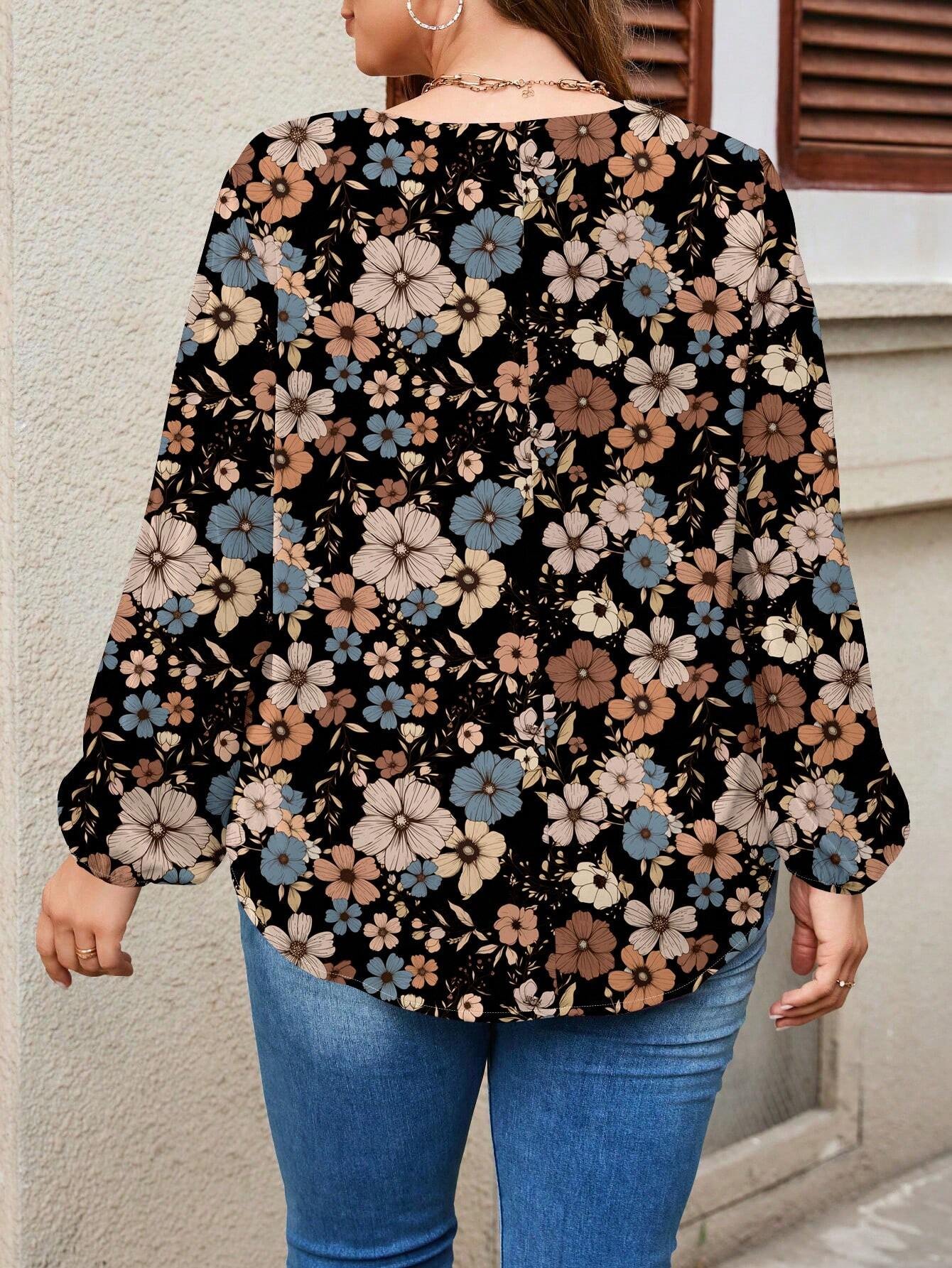 shein lune بلوزة فضفاضة طويلة الأكمام بكم فانوس مع ياقة على شكل v للنساء بطراز منقوش بأزهار في طراز عتيق وفضفاض، مناسبة للخريف والشتاء 2