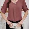 shein clasi بلوزة نسائية بياقة دائرية وأكمام قصيرة وأزرار أمامية سادة، بسيطة وكاجوال للارتداء اليومي 18