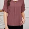 shein clasi بلوزة نسائية بياقة دائرية وأكمام قصيرة وأزرار أمامية سادة، بسيطة وكاجوال للارتداء اليومي 19
