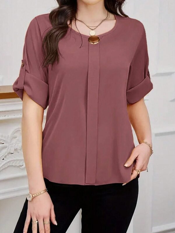 shein clasi بلوزة نسائية بياقة دائرية وأكمام قصيرة وأزرار أمامية سادة، بسيطة وكاجوال للارتداء اليومي 19