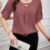 shein clasi بلوزة نسائية بياقة دائرية وأكمام قصيرة وأزرار أمامية سادة، بسيطة وكاجوال للارتداء اليومي 20