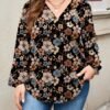 shein lune بلوزة فضفاضة طويلة الأكمام بكم فانوس مع ياقة على شكل v للنساء بطراز منقوش بأزهار في طراز عتيق وفضفاض، مناسبة للخريف والشتاء
