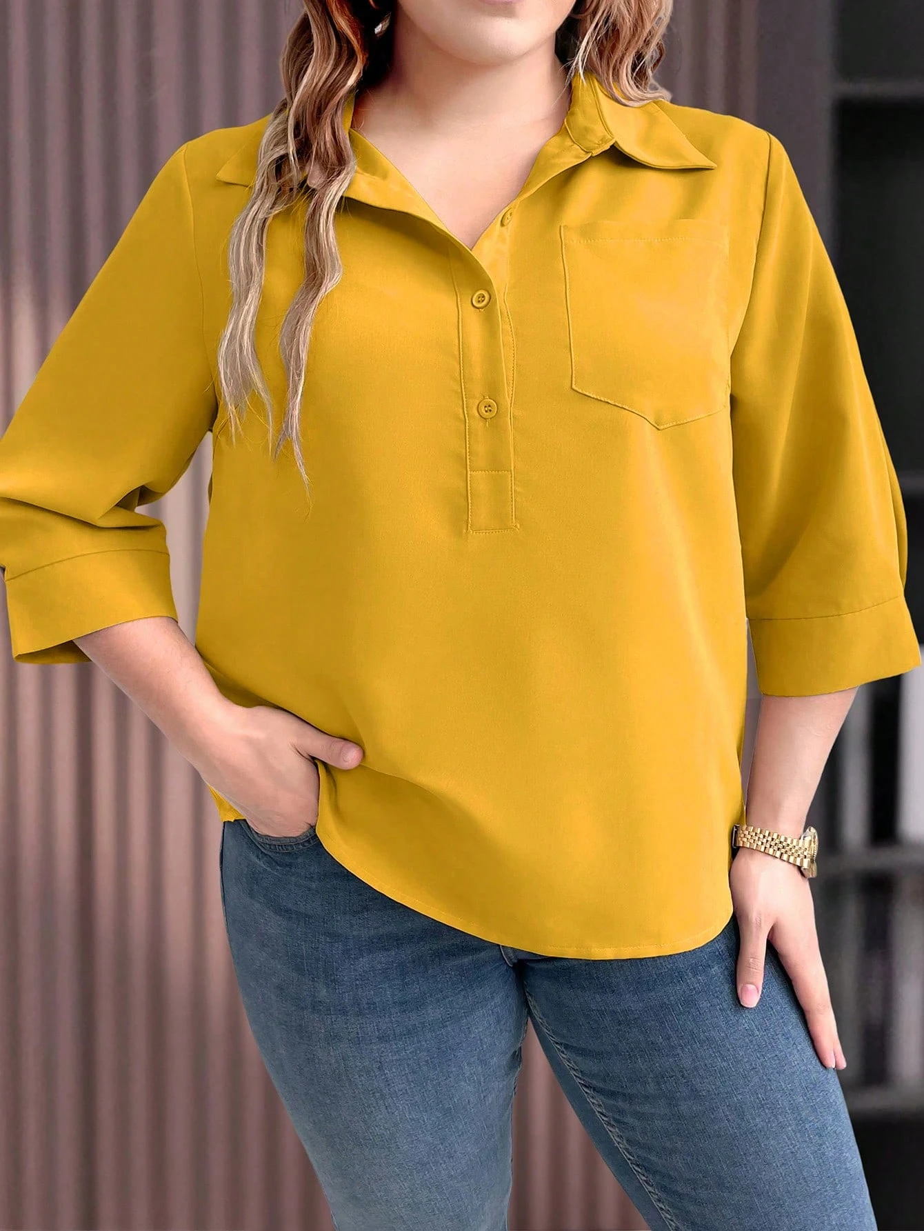 emery rose قميص كاجوال سهل فضفاض مع أزرار وأكمام 3/4 لسيدات بحجم كبير 12