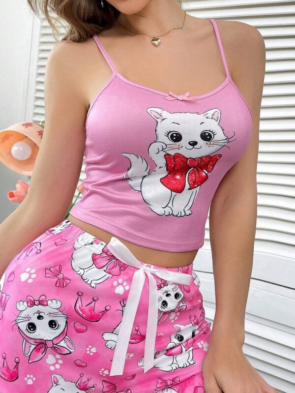 ملابس علوية نوم نسائي بحمالات مزينة بشريط وشكل قطة، مناسب لموسم العطلات 6
