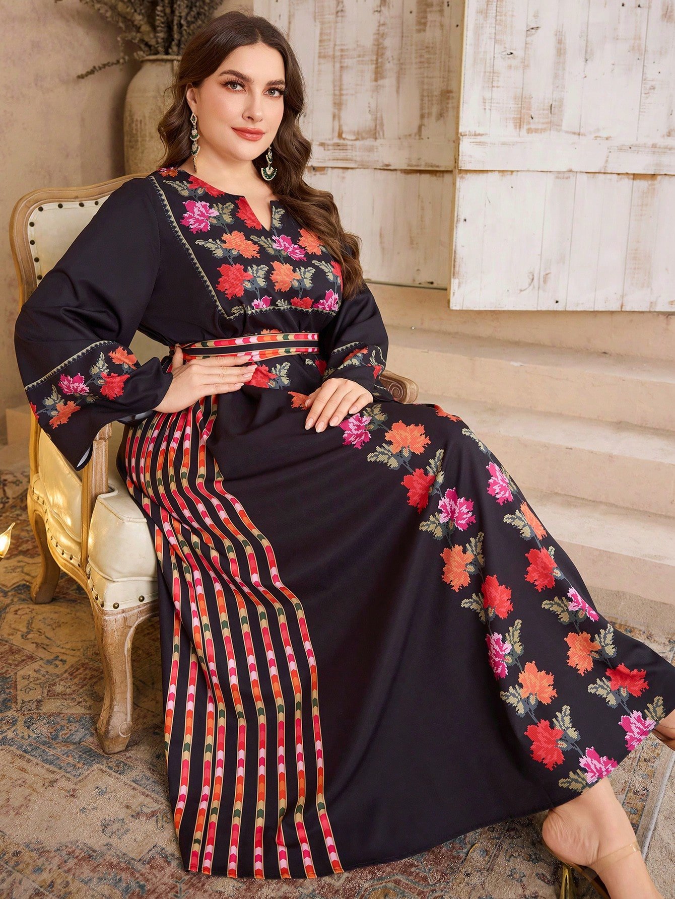 al najma فستان بوهو أنيق للمرأة ذو رقبة على شكل حرف v مطبوع بطبعات الأزهار, أكمام كرارة, خصر مربوط , مقاسات كبيرة محتشم al najma فستان بوهو أنيق للمرأة ذو رقبة على شكل حرف v مطبوع بطبعات الأزهار, أكمام كرارة, خصر مربوط , مقاسات كبيرة محتشم