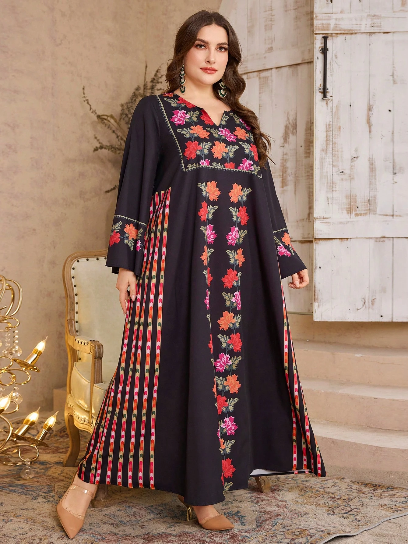 al najma فستان بوهو أنيق للمرأة ذو رقبة على شكل حرف v مطبوع بطبعات الأزهار, أكمام كرارة, خصر مربوط , مقاسات كبيرة محتشم 5