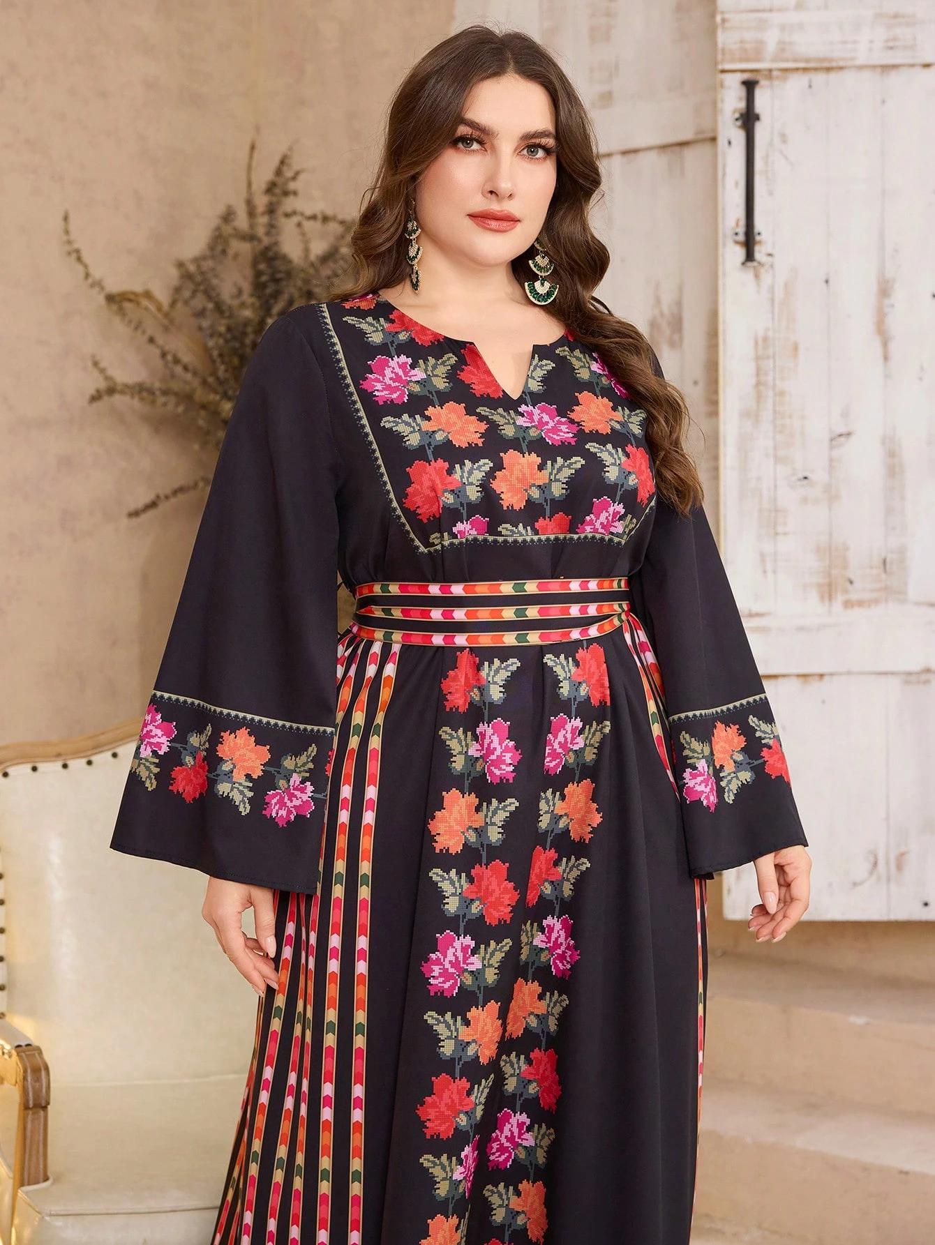 al najma فستان بوهو أنيق للمرأة ذو رقبة على شكل حرف v مطبوع بطبعات الأزهار, أكمام كرارة, خصر مربوط , مقاسات كبيرة محتشم 6