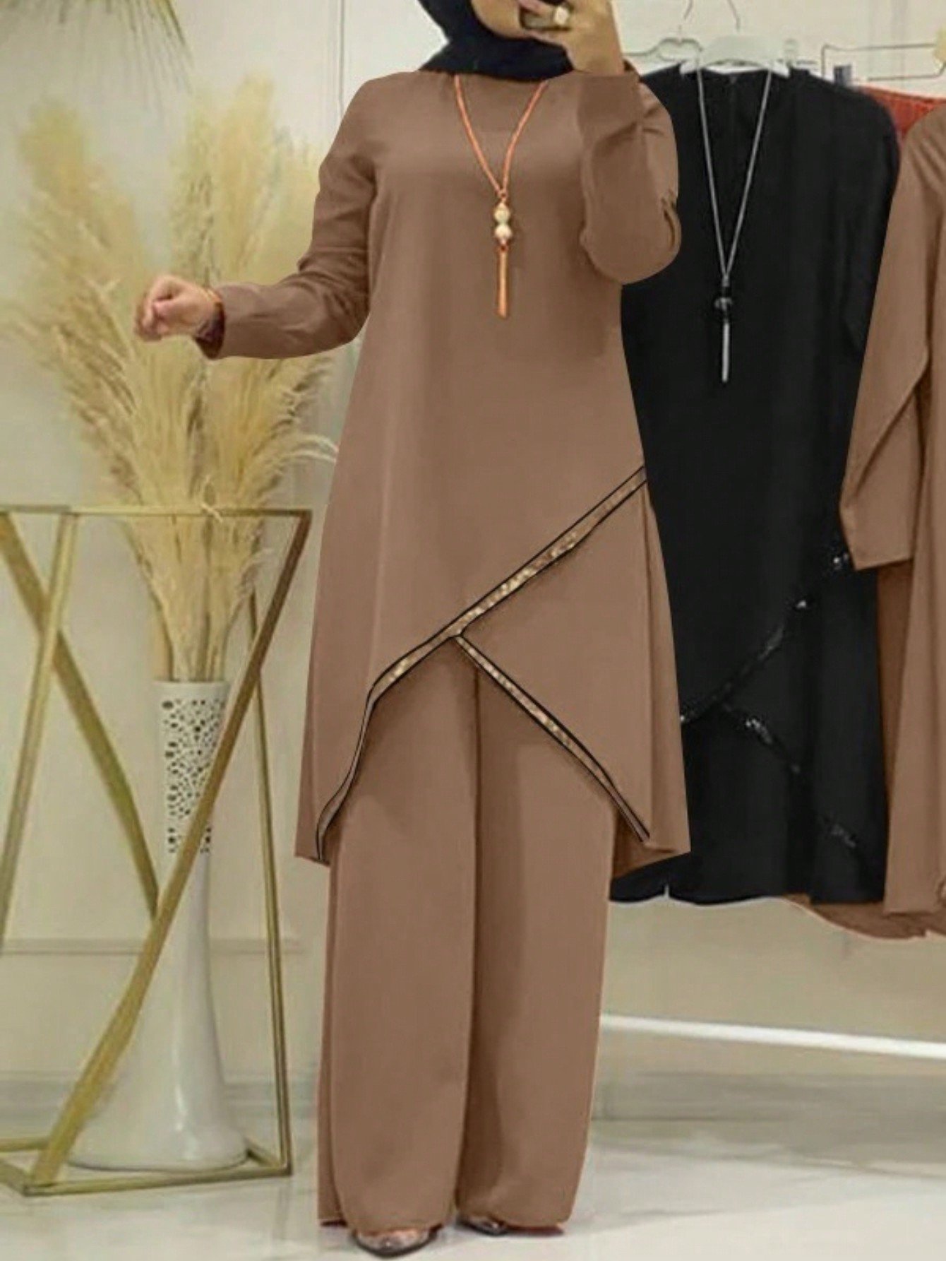 مجموعة كاجوال عربية طويلة الأكمام بلون أحادي وقطع ملونة، متواضعة لموسم عيد الفطر والربيع 1
