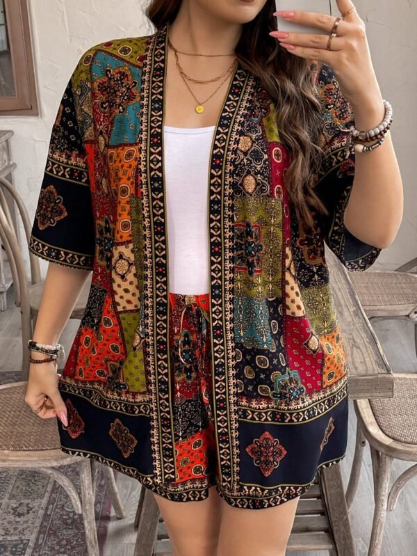 shein lune مجموعة قطعتين ملابس علوية كيمونو والشورت ذات طبعات زهور للنساء كبيرات الحجم، ملابس غربية للنساء بطراز بوهيمي وهيبي وكاوبوي، أزياء بوهيمية، ملابس صيفية للنساء، ملابس إجازة الربيع، أزياء صيفية عتيقة المال، أزياء إجازة الربيع للرقص 1