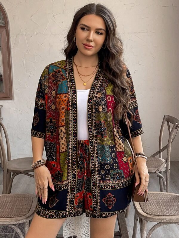 shein lune مجموعة قطعتين ملابس علوية كيمونو والشورت ذات طبعات زهور للنساء كبيرات الحجم، ملابس غربية للنساء بطراز بوهيمي وهيبي وكاوبوي، أزياء بوهيمية، ملابس صيفية للنساء، ملابس إجازة الربيع، أزياء صيفية عتيقة المال، أزياء إجازة الربيع للرقص 4