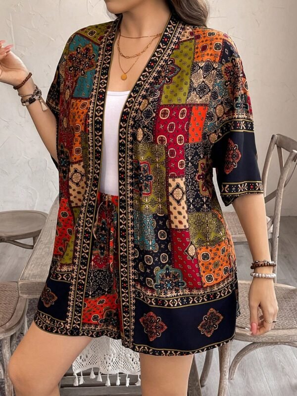 shein lune مجموعة قطعتين ملابس علوية كيمونو والشورت ذات طبعات زهور للنساء كبيرات الحجم، ملابس غربية للنساء بطراز بوهيمي وهيبي وكاوبوي، أزياء بوهيمية، ملابس صيفية للنساء، ملابس إجازة الربيع، أزياء صيفية عتيقة المال، أزياء إجازة الربيع للرقص 5