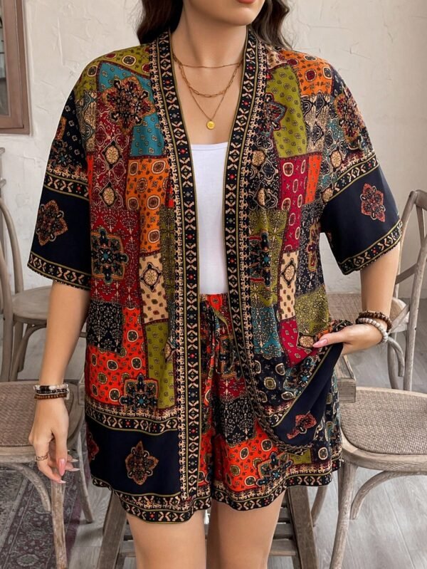 shein lune مجموعة قطعتين ملابس علوية كيمونو والشورت ذات طبعات زهور للنساء كبيرات الحجم، ملابس غربية للنساء بطراز بوهيمي وهيبي وكاوبوي، أزياء بوهيمية، ملابس صيفية للنساء، ملابس إجازة الربيع، أزياء صيفية عتيقة المال، أزياء إجازة الربيع للرقص 6